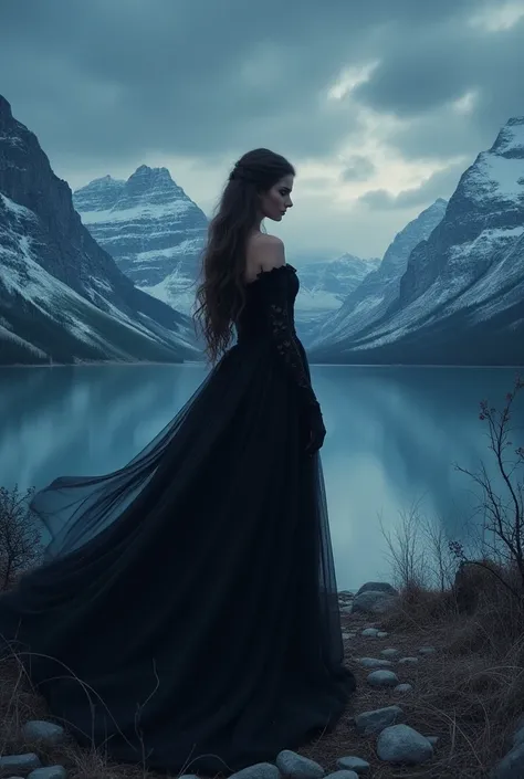 Create a book cover featuring a young woman in a long, flowing dress, standing with her back to the viewer, set against a dark and enchanting Nordic landscape. The dress should have a dramatic, slightly gothic flair, embodying a dark academia aesthetic tha...