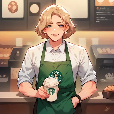 Young Starbucks cashier,  cashier at a Starbucks bar serving cappuccino 