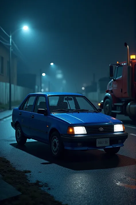 Make a picture of a blue alza car being towed at night because it is damaged