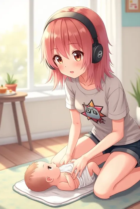 Anime girl and gamer changing a dirty diaper for a clean one