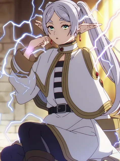 1girl, sfrieren, solo, elf, pointy ears, silver hair, white hair, green eyes, BREAK
robe, black pantyhose, brown boots, belt, capelet,,, , BREAK
, (electricity aura:1.4), (electricity around the body:1.4), Beam of electricity from finger,   , BREAK
score_9...