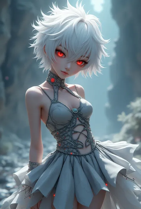 Male anime character with white hair and red eyes dressed as a femboy wearing an AI-generated skirt