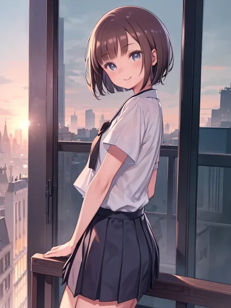  anegasakai no、 shiny brown hair sitting on the fire escape, short hair, (茶色のbeautiful目、  sparkling eyes, fine grain)、smile、 very detailed eyes、 very detailed faces ,  highly detailed eyes ,( cowboy shot)、 Only one woman, (( best quality:1.2), One Girl,bea...