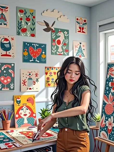 a cozy art studio, a female collage artist working in her art studio, collage art, intricate paper cutouts, vibrant colors, texture, layered compositions, creative process, natural light, inspiring workspace, artistic tools and materials, organized clutter...