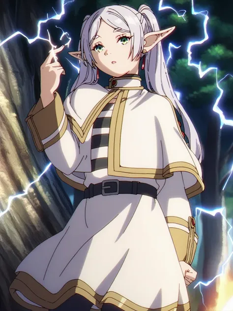 1girl, sfrieren, solo, elf, pointy ears, silver hair, white hair, green eyes, BREAK
robe, black pantyhose, brown boots, belt, capelet,,, , BREAK
, (electricity aura:1.4), (electricity around the body:1.4), Beam of electricity from finger, forest   , BREAK
...