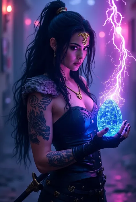 Nordic warrior, black hair, on her forehead a shiny golden Nordic rune, black leather armor with neckline, wolf skin shoulder pad, left arm full of tattoos with Nordic symbols in neon purple, surrounded by violet neon lights, black light posters and psyche...