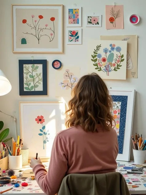 a cozy art studio, a female collage artist medium age, working in her art studio, collage art, intricate paper cutouts, vibrant colors, texture, layered compositions, creative process, natural light, inspiring workspace, artistic tools and materials, organ...