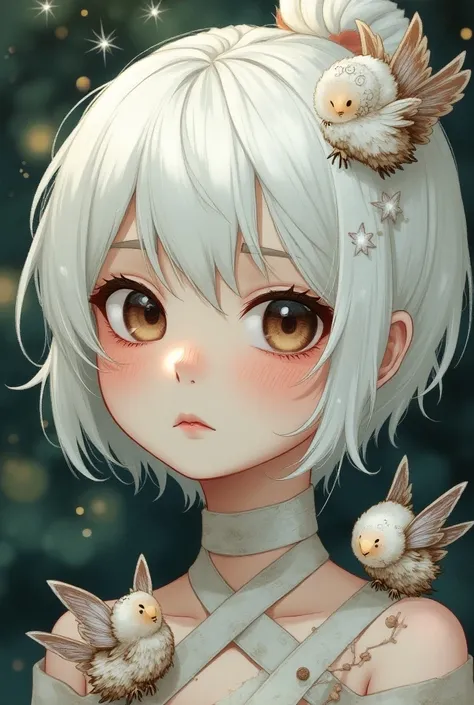 Mixed race Chinese-American woman with white hair with brown highlights, brown eyes, sad expression and bandages on her face with small cockatrices, estilo anime