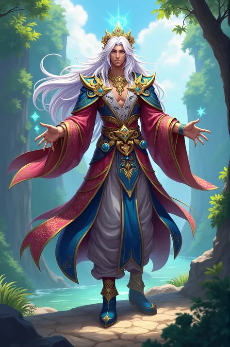  The archon of the state of Sergipe , Brazil,  as a region from the game Genshin Impact , a non-white man , long haired,  that wears colorful clothes and ornaments like the traditional clothes of the state festivals and that has magical music,  in a typica...