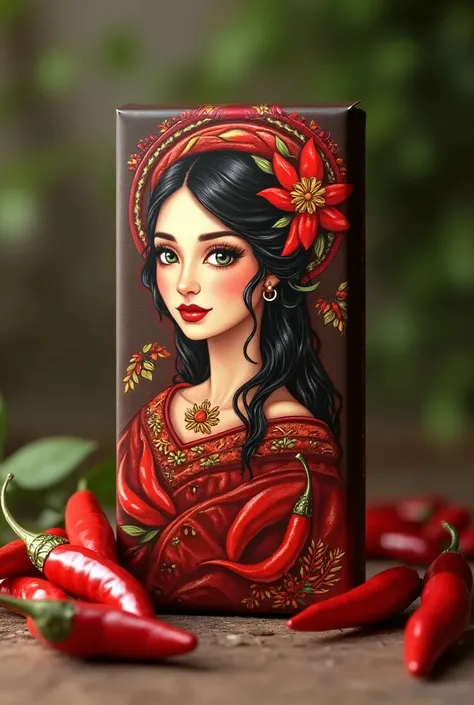 1girl,Bulgarian chocolate package with chili peppers,high quality,3d render,detailed packaging,food photography,vivid colors,natural lighting,photorealistic,detailed textures,glossy surface,metallic accents,elegant design,intricate patterns,traditional Bul...