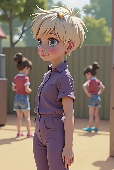 White girl , 10y, 2:3, standing, side view, tight violet jumpsuit, short pixie hair, small earrings, hair pin, blue eyes, shy, playground, girls in background