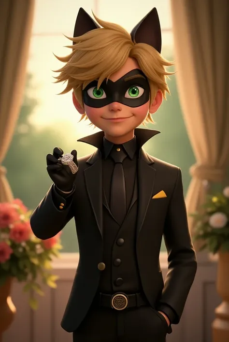 Image of the cat noir from Miraculous with a wedding ring 