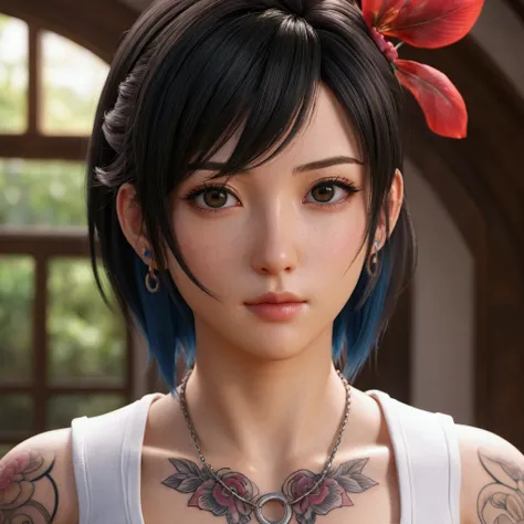 a close up of a woman with tattoos on her chest, 3D anime styleที่สมจริง, 3D Anime Realistic, Realistic animation girl render, 8K high quality detailed art, Anime high detail , Super smooth anime CG art, Popular on cgstation,  sexy Tifa Lockhart portrait, ...