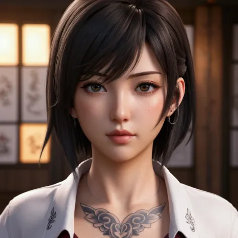 a close up of a woman with tattoos on her chest, 3D anime styleที่สมจริง, 3D Anime Realistic, Realistic animation girl render, 8K high quality detailed art, Anime high detail , Super smooth anime CG art, Popular on cgstation,  sexy Tifa Lockhart portrait, ...