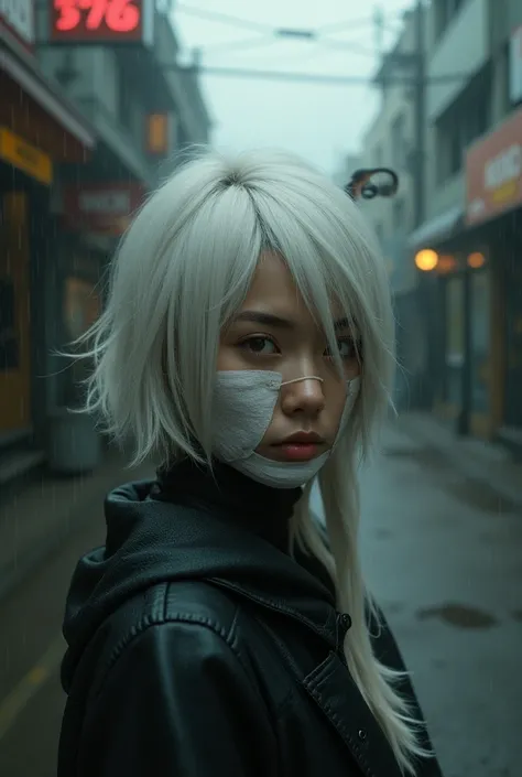 Mixed race Chinese-American woman with white hair with parts, brown eyes, sad expression and bandages on her face with small cockatrices, street background, rainy weather 