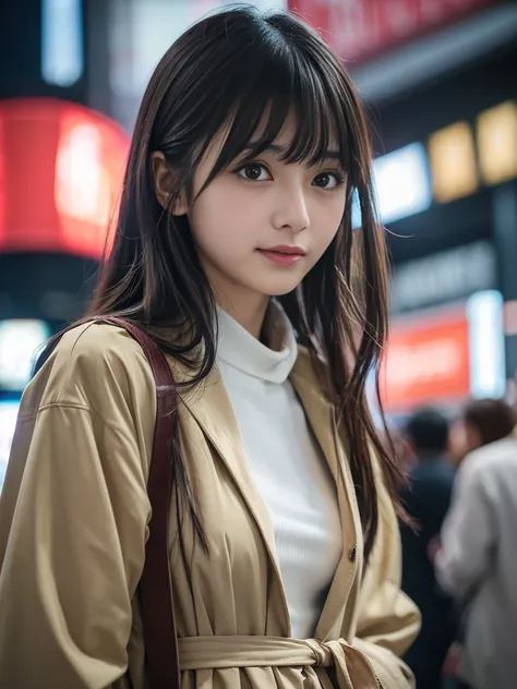  Asuka Langley、Street Corner, 1 girl, alone, (masterpiece, Best Quality, 8k,,Realistic, Real Girls, mulberry:1.37), Looking up at the viewer, 18 year old delicate Japanese , Slim body type: 1.1, Medium Breast, ( adult-like clothes in Shinjuku:1.5),  trench...