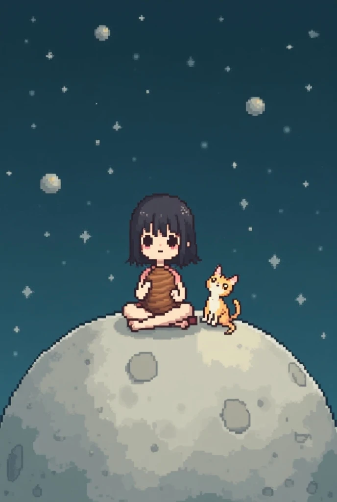 ((pixel game picture style)) story Moon is sitting on the moon eating a bun and the cat Luna is next to her