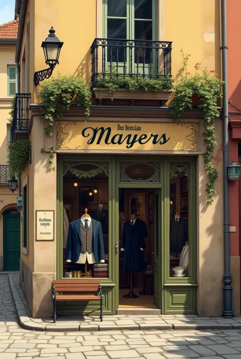 Create a poster with a tailor shop called MAYERS and an OPEN sign written in French on the front door 