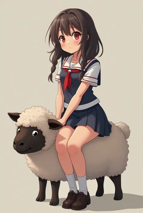 A girl with her legs open and the sheepskin also in an anime school uniform and a lot of tits