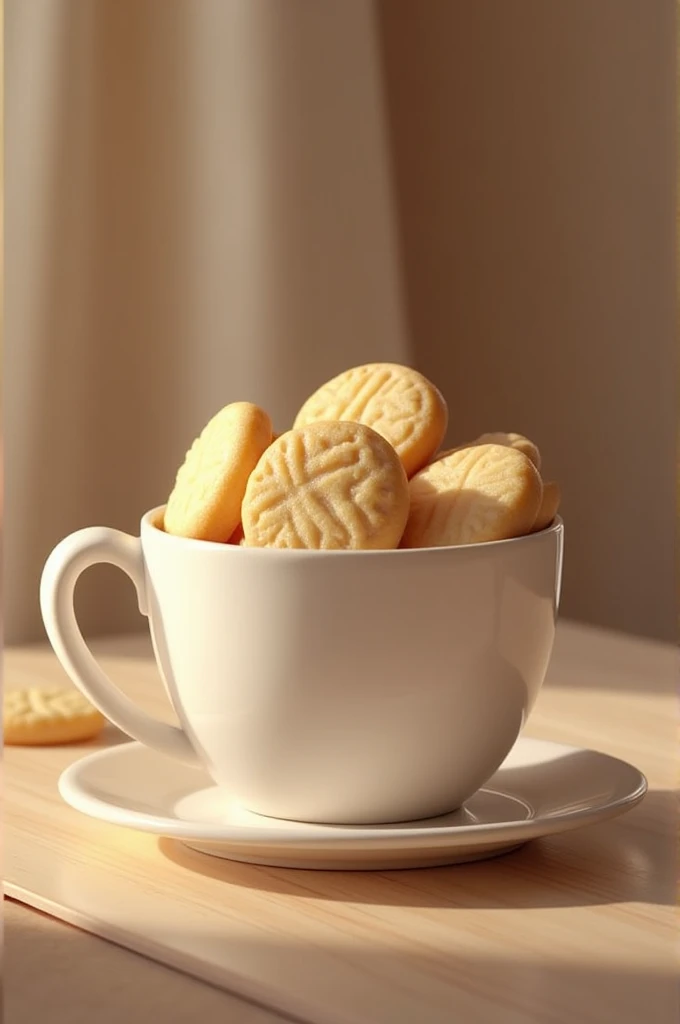 Generate an image of a cup full of round chocolate-free cookies 