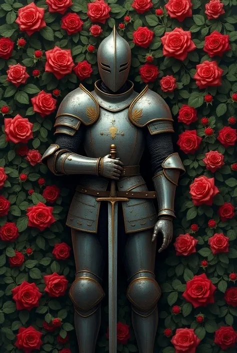  One Knight lies sadly alone ,  The view from above , he is lying on a field of blooming roses ,  The knight has a sword in his hand which is not covered by blooming roses 