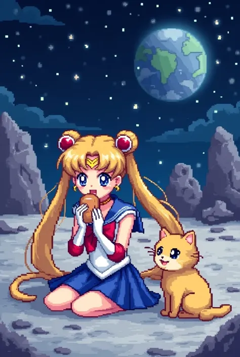 ((pixel game image style)) Bishoujo Senshi Sailor Moon is sitting on the moon eating a bun and the cat Luna is next to her