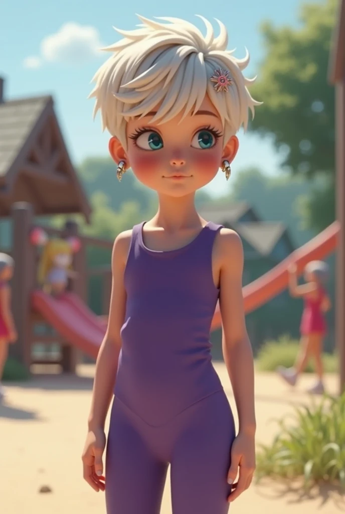 White girl , 10y, 2:3, standing, side view, tight violet jumpsuit, short pixie hair, small earrings, hair pin, blue eyes, shy, playground, girls in background