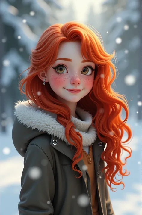 Redhead Girl, WITH FRECKLES, Smiling and cheerful in the middle of the snow. Semirealism.