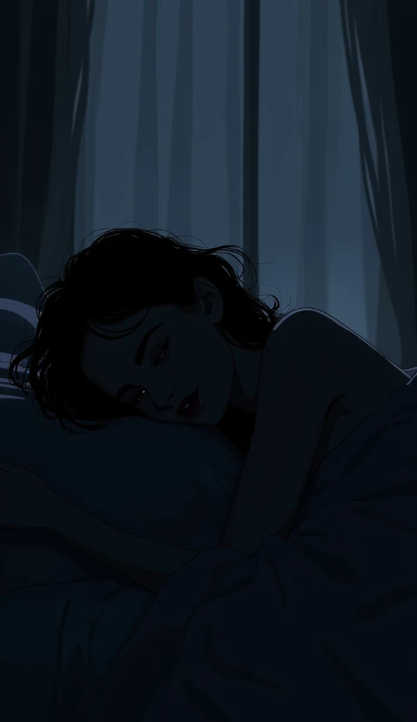 Make a wavy haired girl who is gone and thoughtful, Lying in her bed, It&#39;s night time,  Do it like a silhouette , Dont let me see her face and without so much color 