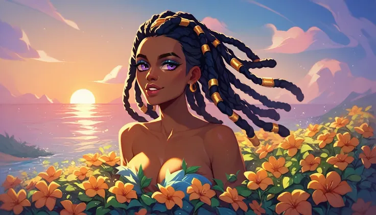 score_9, score_8_up, score_7_up, score_6_up, african princess celestia, (dreadlocks), non-nude, dreadlocks, 1girl, solo, meadow, outside, flower meadow, sunset