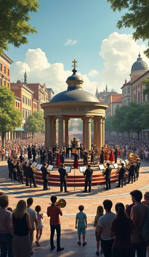 Symphonic band ,  with musicians playing in a bandstand in a square 