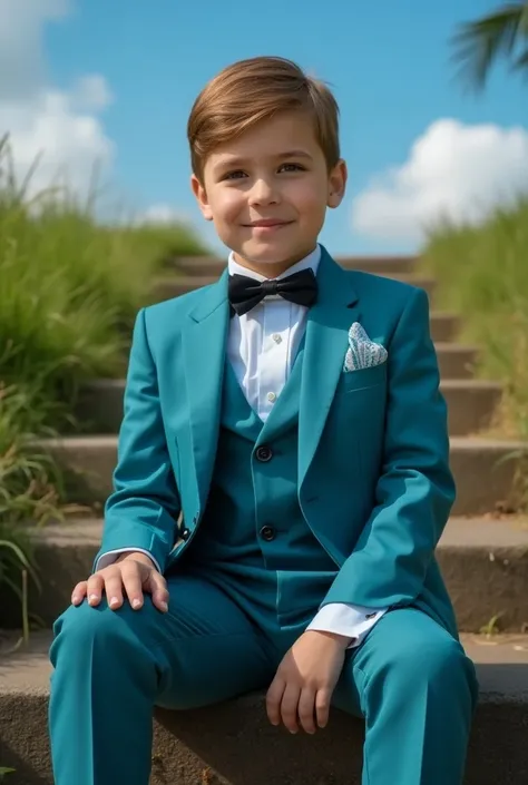 Photograph of a seven-year-old boy,   Sitting and wearing very elegant black patent leather shoes      , Get up on the stairs ,  on the green grass floor, the blue sky. , brown blonde hair, brown eyes and white skin.    The boy was wearing a turquoise blue...