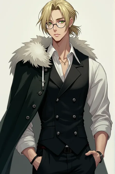  A man in his 20s with long light blond hair tied behind,  but with some locks escaping the tie ;  greenish eyes , but almost white ; rounded glasses ; strong door;  muscles not very apparent;  thick black cover with white fur around the collar;  black ves...