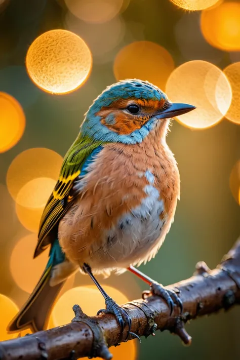 A mesmerizing close-up portrait of a gorgeous little bird illuminated by the soft, golden light of a tranquil morning, with vibrant bokeh balls gently framing its delicate form.