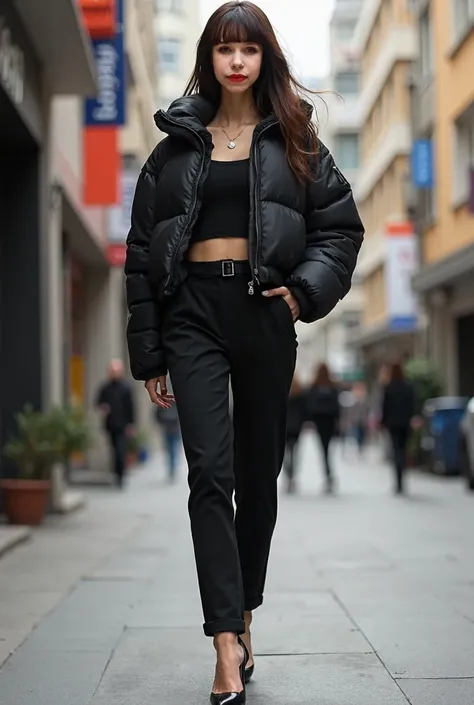  brunette with bangs,  in a black short puffy jacket, in black trousers, on heels,  view completely from head to toe .  The face completely follows the hint, skinny slender girl 