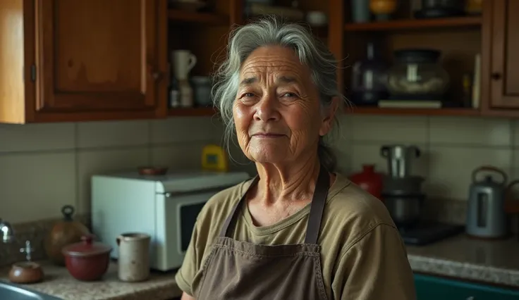 "A cinematic realistic image of An elderly, humble family latin cook in her late sixties, standing in a modest kitchen. She has short, gray hair tied back in a bun, with a few wrinkles showing her age and years of hard work. Wearing a simple apron over her...