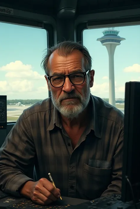  Air traffic controller in the control tower. His face must appear .  He must have dark brown skin,  short straight hair split in half ,  glasses and a plaid shirt . He must be old , wrinkled, ugly, narigudo,  looking like he doesnt take a shower, smoker, ...