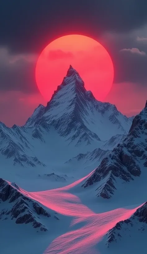 Create a dramatic digital illustration of a snow-covered mountain peak at dusk, with sharp, angular ridges and cold shadows. In the background, place a large, vivid red sun low in the sky, casting an intense warm glow. The sky should be dark and atmospheri...