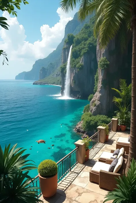 Superbe balcon, vue sur mer, cascade, eau turquoise, tortues.