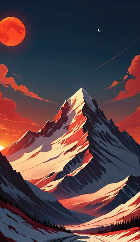 Create a dramatic digital illustration of a snow-covered mountain peak at dusk, with sharp, angular ridges and cold shadows. In the background, place a large, vivid red sun low in the sky, casting an intense warm glow. The sky should be dark and atmospheri...