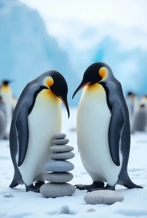 Two penguins piling up tender rocks. Make it more realistic
