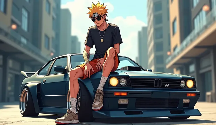  Naruto sitting on the hood of a modern low down car with cool shorts and cool t-shirt and Nike sneakers and tattooed and stone earring.