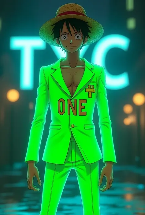 Luffy character wearing a phosphorescent green suit in his suit bears the name ONE and in the background of the image the acronym TXC