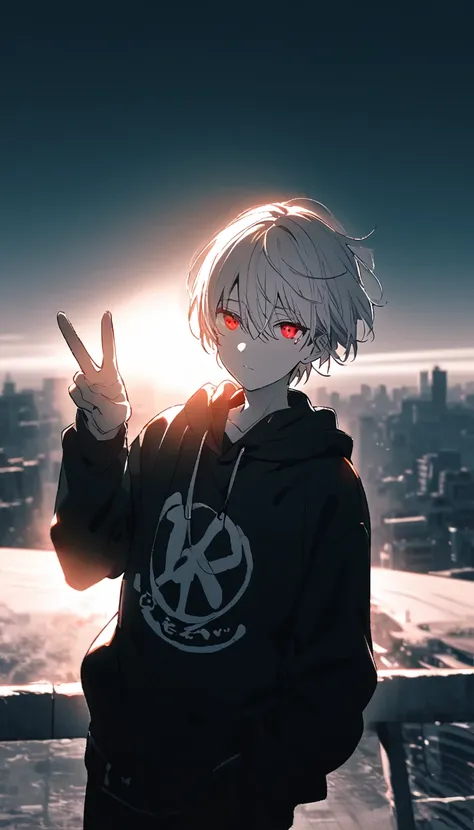 good looking, alone, 1 male, gray hair, red eyes, long sleeve, black hoodie, noon, white light,cute目,short hairstyle,cute,fallin...