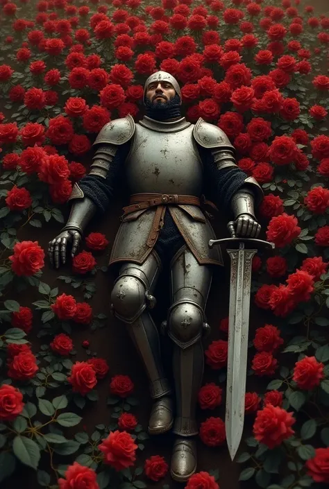 One Knight lies sadly alone, view from above, he lies on a field of blooming roses, the knight has a meager sword in his hand which is not covered by blooming roses