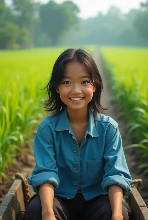 make a picture :
 An Indonesian woman , 18 years old,
With a cute face , smile, fair skin,  with matted hair , was riding a cart on the edge of the rice field 
Wearing a blue shirt, 
 With a beautiful landscape background
Realistic UHD .
