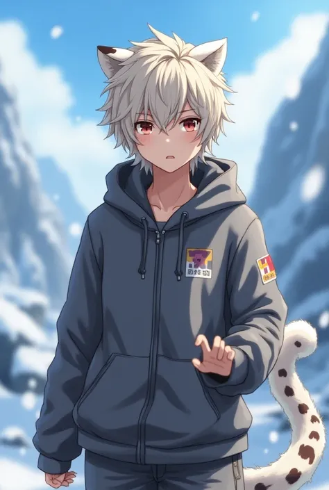 An anime-style teenage boy in his 20s without a beard who is a semi-human snow leopard,  with painted blond hair but whose tail and snow leopard ears are white

