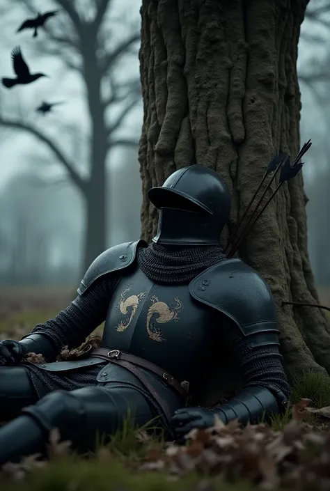 ((realism)) A medieval knight, black armor and helmet . Lying under ,  leaning against a large tree. gloomy weather, crows flying over him . ,  arrows stuck in the chest