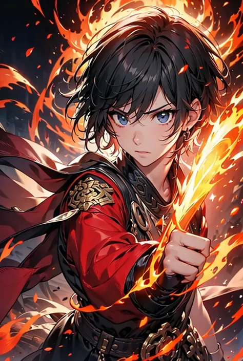 male、wielding a fist 、Flame Effect、Flame on the fist、Short Hair、Shining Flame