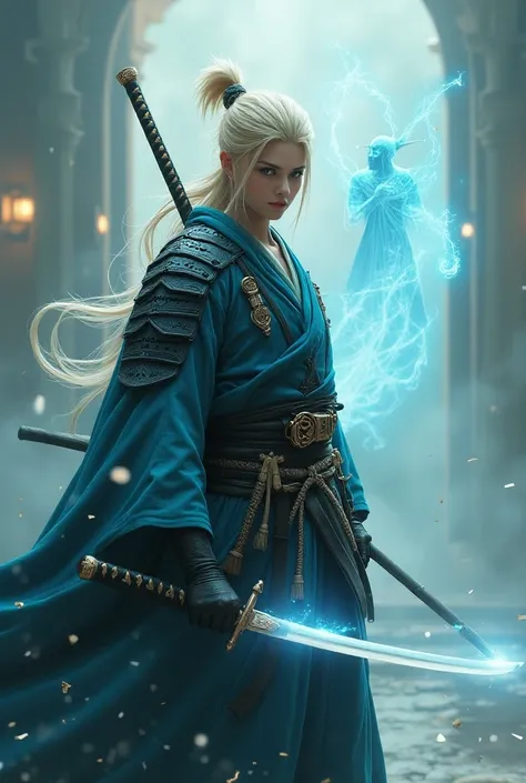 ( ,4K,8k,   High resolution   ,masterpiece:1.2),super detailed,  Whole body, a divine samurai ,  a spirit coming out of his sword, blond hair, blue eyes